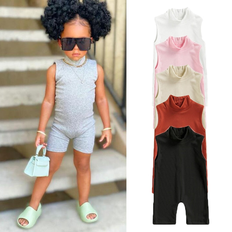 2023 Toddler Baby Girls Ribbed Rompers Kids Summer Sleeveless Cotton Jumpsuit Back Zipper Elastic Bodysuit Solid Clothes Outfits