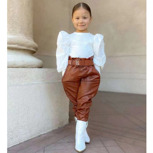 Elegant Fashion Girls Puff Sleeve Ribbed Blouse T-Shirt and Leather Long Pants With Belt 2PCS Set