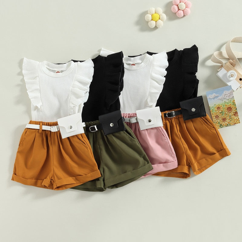 Baby Girl Summer Short Sets: Flying Sleeves, Ribbed Tank Tops, Elastic Shorts with Belt Set