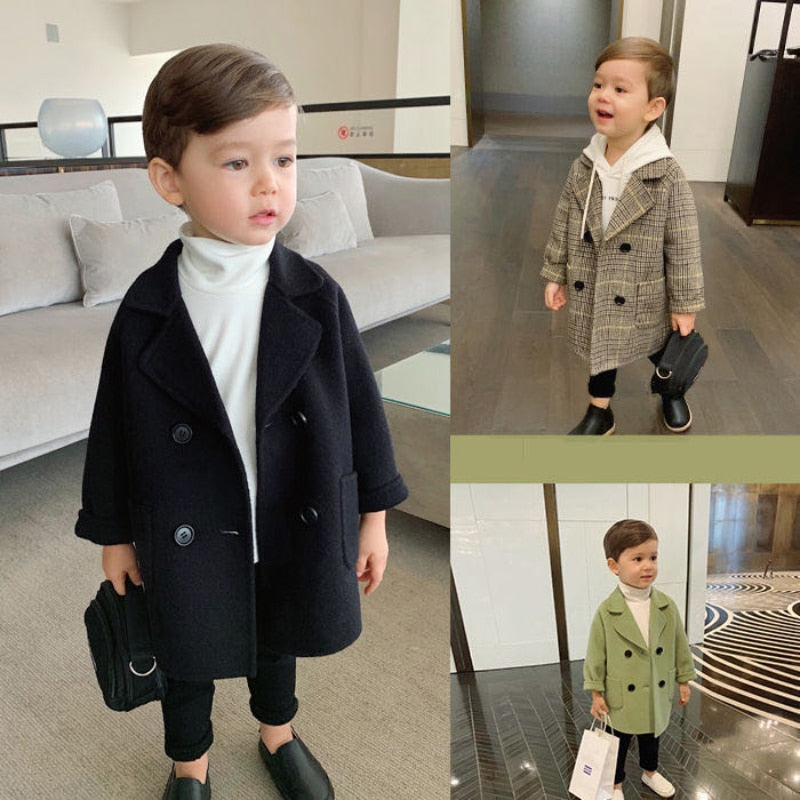 Boys Woolen Double-breasted Wool Trench Coat